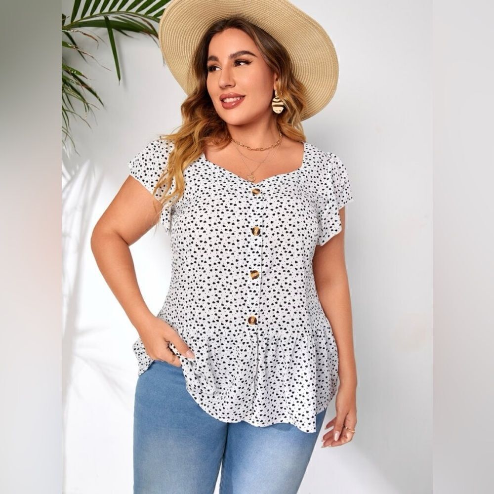 SHEIN Plus Confetti Heart Print Ruffle Sleeve Peplum Blouse Size XL